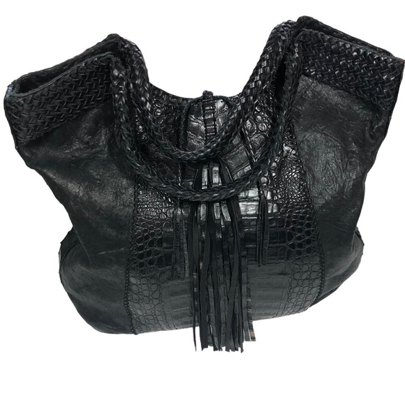 Parker Handbags - Parker Bag Ochs Black Crocodile Leather Tassel Tote Fringe Logo Jacquard Lining